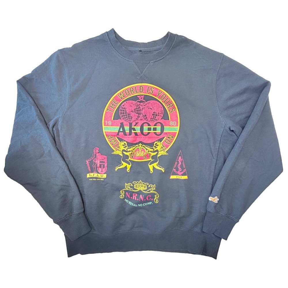 AKOO XXL The World Is Yours 80 Crest Graphic Sweatshirt Black Hip Hop